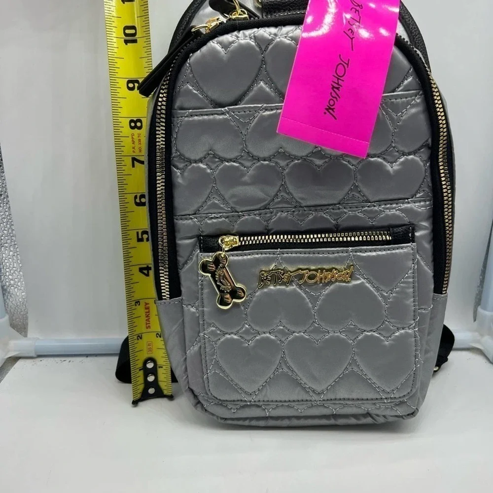 BETSEY JOHNSON three piece silver and gold doggie backpack, scarf and treat bag